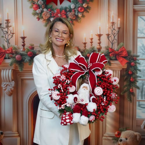 Rose segurando uma guirlanda vermelha e branca com Papai Noel e bengalas doces.