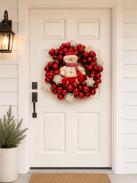 Guirlanda de bolas vermelhas com boneco de neve e flocos de neve, pendurada na porta.